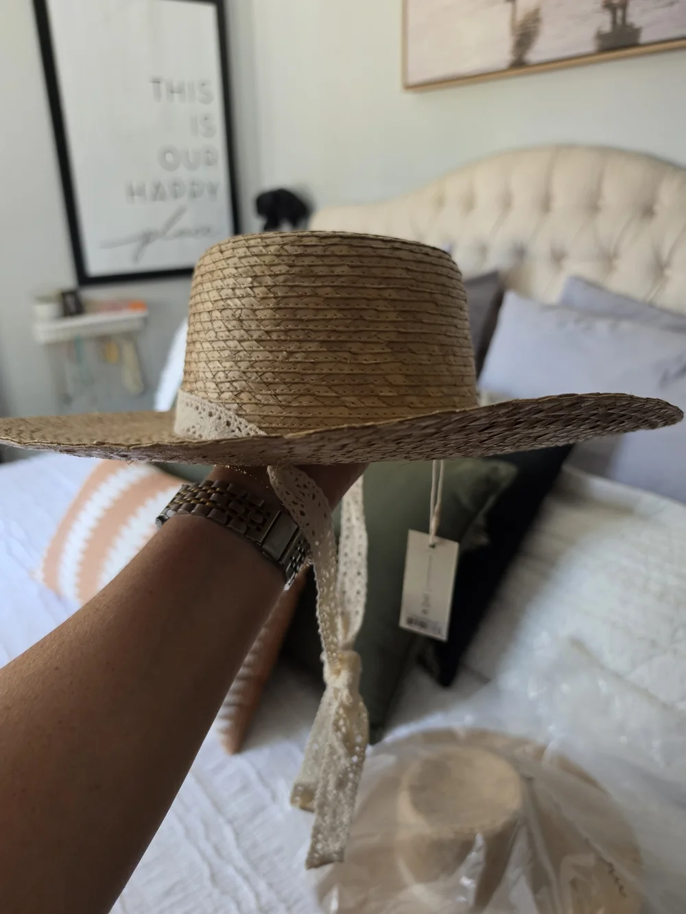Rylee + Cru Natural Straw Sun Hat with White Lace Trim